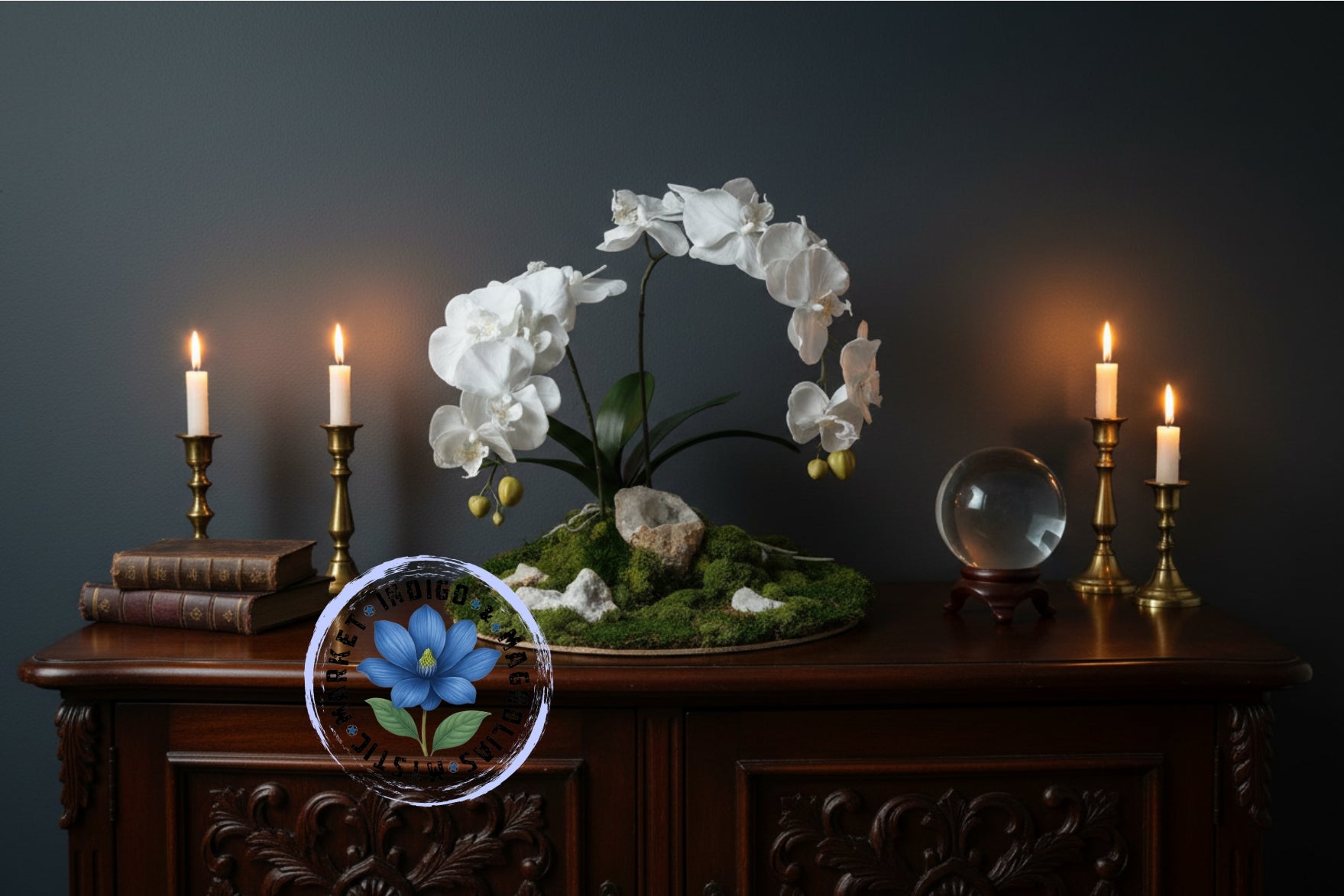Orchid and Crystal moss table topper